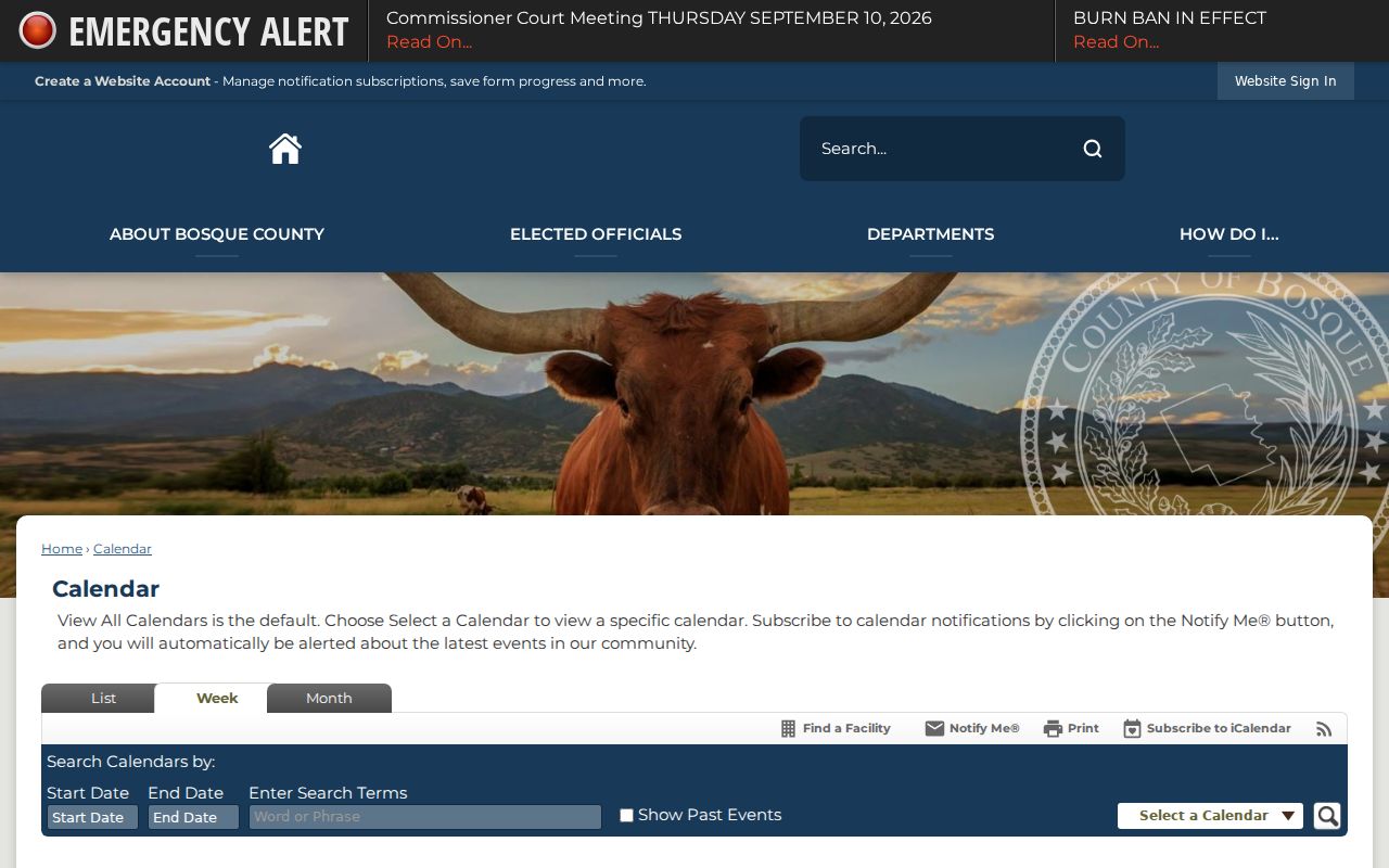 Bosque County combined calendar with court category selectors