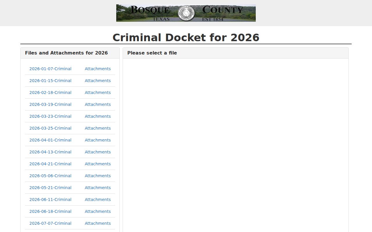 Bosque County 2026 criminal docket file directory