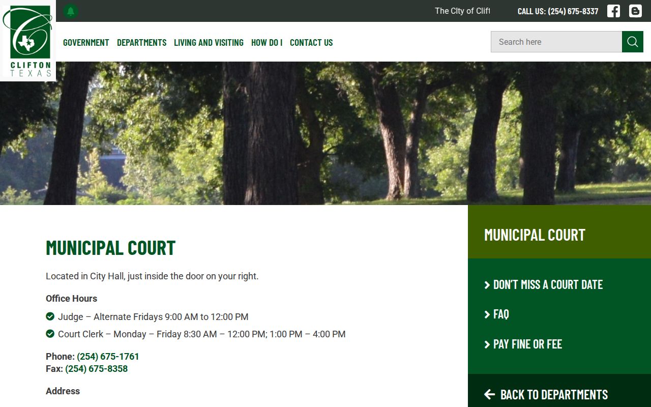 Bosque County traffic court records information on Clifton Municipal Court page