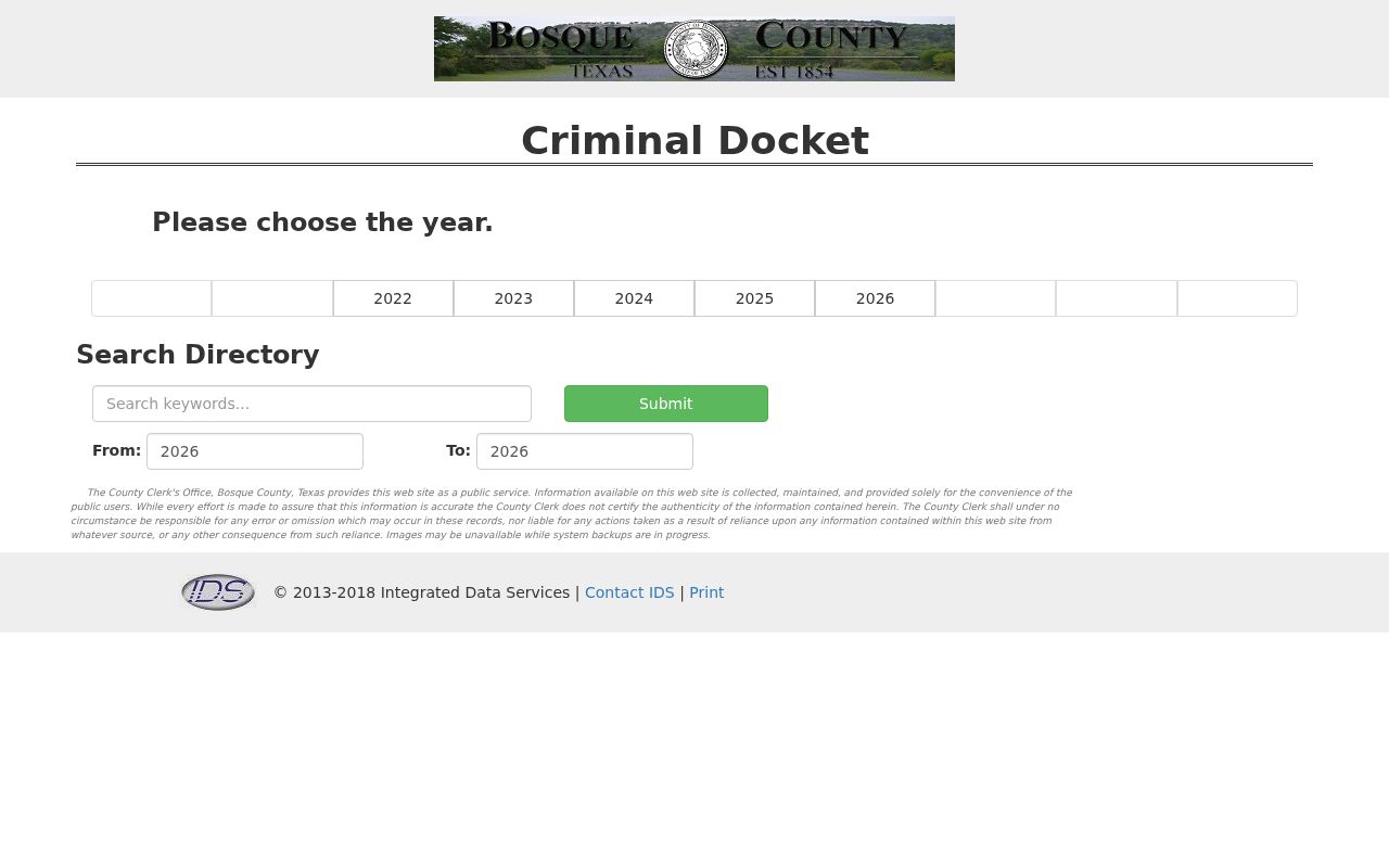 Bosque County criminal court docket keyword and year search